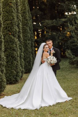 Siyah takım elbiseli şık bir damat ve uzun peçeli beyaz elbiseli şirin bir gelin eski bir evin yakınındaki bir parkta sarılıyorlar. Gülümseyen ve mutlu yeni evlilerin düğün portresi.