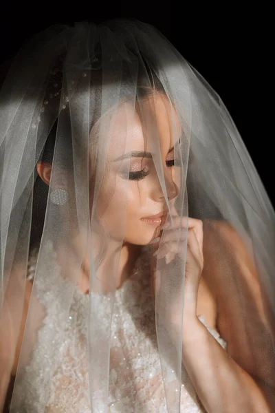 Glückliche Und Schöne Braut Unter Einem Schleier Großaufnahme Braut Mit — Stockfoto