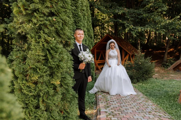 Ein Stilvoller Bräutigam Schwarzen Anzug Und Eine Süße Braut Weißen — Stockfoto