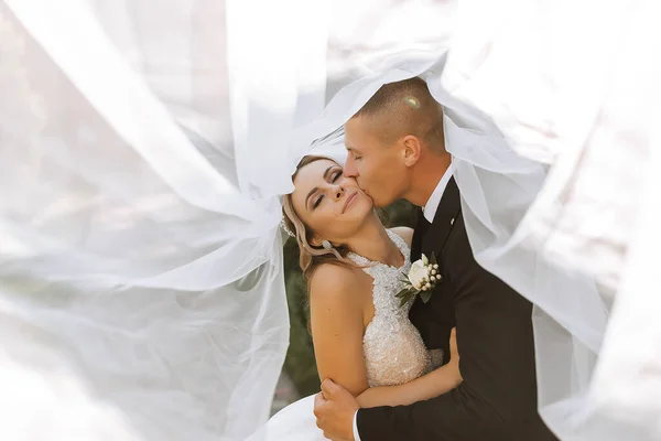 豪華な幸せな豪華なブルネットの花嫁とエレガントなスタイリッシュなグロムはベールの下に立って優しく抱擁します — ストック写真