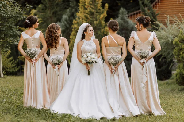 Eşleşen Elbiseler Içinde Bir Grup Güzel Kadın Gülümsüyor Kutluyor Birlikte — Stok fotoğraf