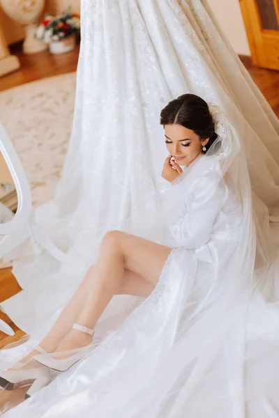 Mariée Brune Heureuse Robe Satin Blanc Avec Long Voile Maquillage — Photo