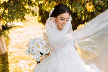 Sıcak güneşli bir gelin portresi. Elinde bir buket orkide, açık havada ve gün batımında. Sıcak yaz zamanı. Uzun bir peçe, konforlu beyaz bir elbise ve tren..