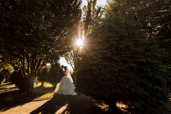 ハッピーな花嫁の暖かい晴れた肖像画 彼女の手で蘭の花束と古典的なスーツのグロム 日没で 暖かい夏の時間 長いヴェール 電車で豪華な白いドレス — ストック写真
