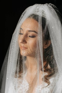 Sabahları uzun beyaz bir bornozla uzun siyah kıvırcık saçlı güzel bir gelin. Gelin düğün için hazırlanıyor. Profesyonel makyaj ve saç modeli. Başında bir taç ve gelinin uzun bir duvağı.