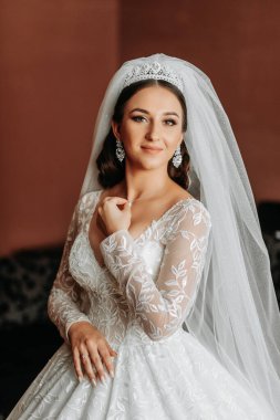 Kadın güzelliği. Evde hoş bir kadın var. Gelin fotoğrafçı için poz veriyor. Şık bir kadın beyaz bir elbise giyer. Profesyonel makyaj ve saç modeli. Gelinin kafasında bir taç ve uzun bir peçe var..