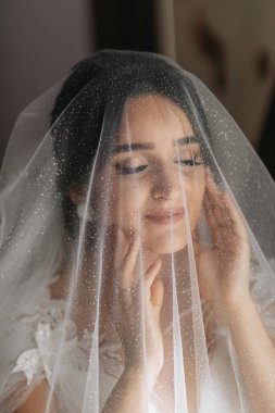 Kadın güzelliği. Evde hoş bir kadın var. Gelin bir peçenin altında poz veriyor. Şık bir kadın beyaz bir elbise giyer. Profesyonel makyaj ve saç modeli. Gelinin başında bir çelenk ve uzun bir peçe var..