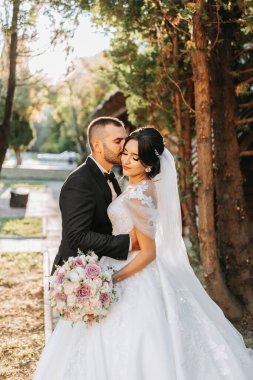 Şık bir gelinlik içinde güzel bir gelin ve damat gün batımında parkta sarılıyor. Büyüleyici genç bir gelin inanılmaz derecede mutlu. Mutlu kız düğün gününde