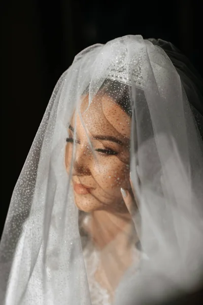 Cantik Pengantin Dengan Rambut Keriting Panjang Gelap Dalam Jubah Putih — Stok Foto