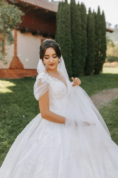 Красивая Невеста Модном Свадебном Платье Естественном Фоне Парке Ошеломляющая Молодая — стоковое фото
