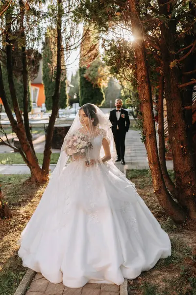 Pengantin Cantik Bawah Cadar Dalam Gaun Pengantin Modis Latar Belakang — Stok Foto