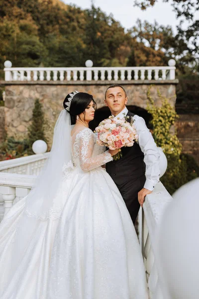 Eine Schöne Braut Schicken Brautkleid Und Ein Eleganter Bräutigam Stehen — Stockfoto