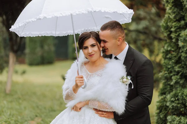 Невеста Жених Белым Зонтиком Прогулки Дождем Парке Свадебная Фотосессия Дождем — стоковое фото