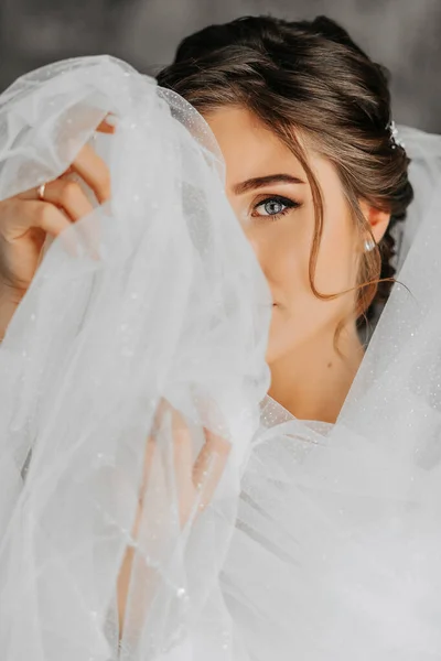 아름다운 신부는 그녀의 베일을 우아한 고급스러운 스타일에 코카서스 출연의 메이크업 — 스톡 사진