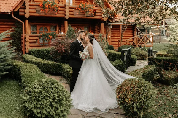 Gyönyörű Elegáns Fényűző Menyasszony Fátyollal Szélben Egy Elegáns Vőlegény Csók — Stock Fotó