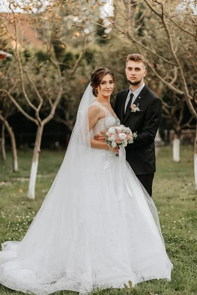 Romantisch Portret Van Een Stijlvolle Bruid Bruidegom Een Trouwjurk Tuin — Stockfoto