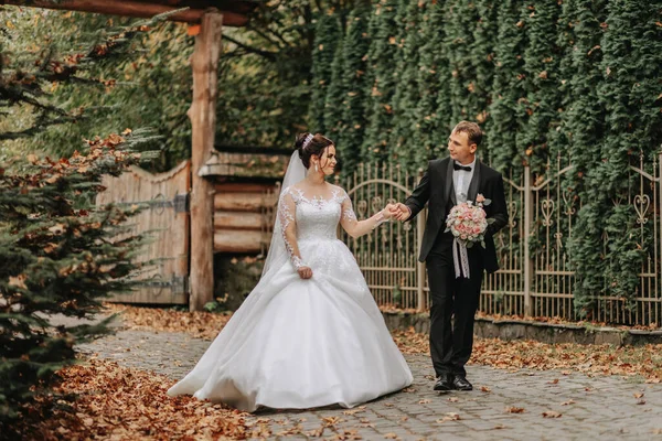 秋の日に緑の公園でスタイリッシュな新婚夫婦の幸せなカップル 長い白いドレスの花嫁と黒いスーツの花嫁が前を歩いています ウェディングデー — ストック写真
