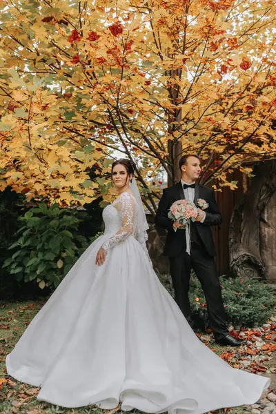 Vőlegény Menyasszony Őszi Erdőben Pillangókkal Körülvéve Esküvői Ceremónia Oldalnézet Menyasszony — Stock Fotó