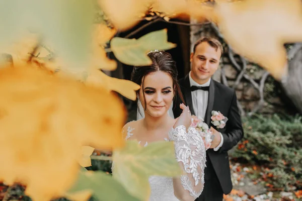 Жених Невеста Осеннем Лесу Бабочками Вокруг Свадебная Церемония Вид Сбоку — стоковое фото