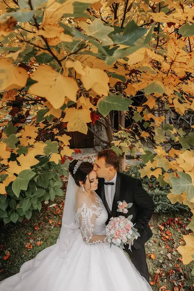 Жених Невеста Осеннем Лесу Свадебная Церемония Вид Сбоку Жених Невеста — стоковое фото