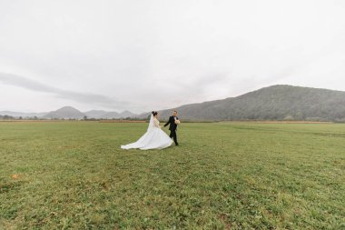 Siyah takım elbiseli şık bir damat ve beyaz elbiseli güzel bir gelin yüksek dağların arka planında el ele tutuşarak yürüyorlar. Yeni evlilerin düğün portresi..