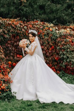 Sonbahar ormanında gelin portresi, düğün töreni, ön manzara. Gelin, sarı sonbahar yapraklarının arka planında