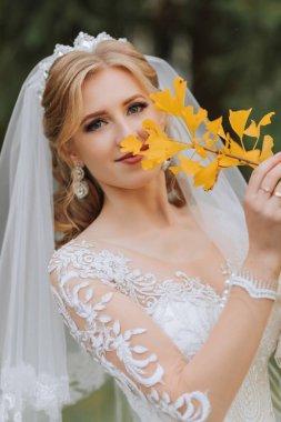 Portrait of a beautiful smiling bride. Autumn portrait of the bride. Yellow autumn leaves clipart