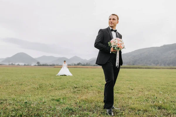 A handsome groom in a black suit and a black bow tie stands outdoors in a wide field against a background of mountains. Wedding portrait. A man in a classic suit in the foreground.