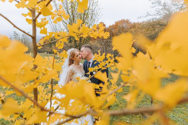 Sposo Sposa Nella Foresta Autunnale Cerimonia Nuziale Vista Laterale Sposo — Foto Stock