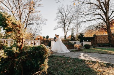 Mutlu bir düğün çifti portresi, gelin ve damat sonbahar ormanında öpüşüyor, park