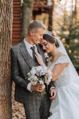 Muhteşem romantik bir yeni evli çift gün batımında çimenlerin üzerinde ağaçların yapraklarıyla bir sonbahar parkında sarılıyor.