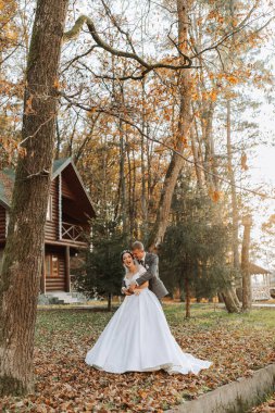 Muhteşem romantik bir yeni evli çift gün batımında çimenlerin üzerinde ağaçların yapraklarıyla bir sonbahar parkında sarılıyor.