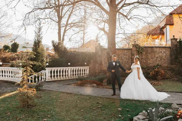 Brudgummen Håller Brudens Hand Och Går Bruden Mot Bakgrund Solens — Stockfoto