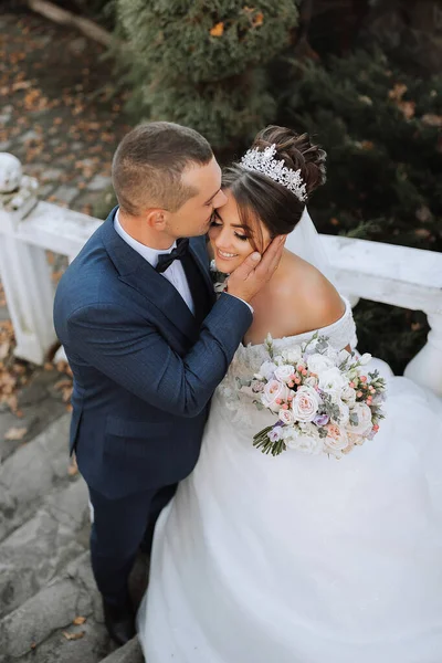 秋の森で幸せな結婚式のカップルの肖像画 花嫁とグロム 石の階段の近くに位置する公園 スーツを着た男 ウェディングドレスの女の子 グロムはガールフレンドにキスする 上からの写真 — ストック写真
