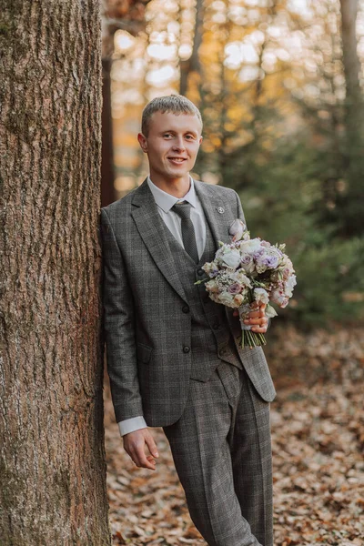 Handsome Groom Suit Tie Standing Outdoors Wedding Portrait Man Classic — Stock Photo, Image