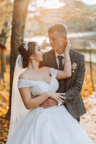 素晴らしいロマンチックな新婚夫婦は 草の上の木からの葉と秋の公園で日没で抱擁しています — ストック写真