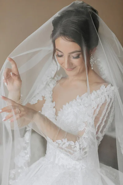 Крупный План Элегантной Брюнетки Невесты Белом Платье Позирующей Вуалью Крупным — стоковое фото