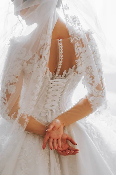 ベールのクローズアップの下にポーズする白いドレスでエレガントなブルネットの花嫁のバックビュー 花嫁の肖像画 プロのウェディングメイク ヘアスタイル ブライダルファッション ベールの美しい花嫁 — ストック写真