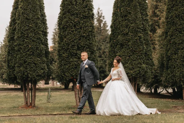 Groom and bride walking and holding hands in the park among tall green trees. Wide-angle autumn photo. Voluminous wedding dress. Classic suit of the groom