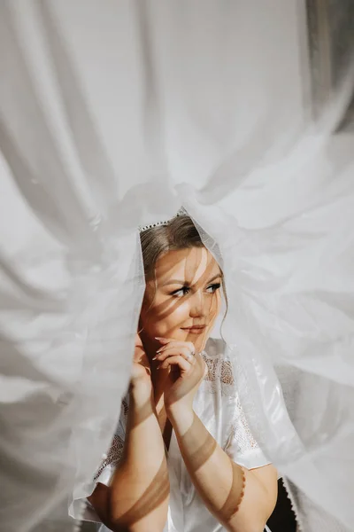 Крупный План Элегантной Брюнетки Невесты Белом Платье Позирующей Вуалью Крупным — стоковое фото
