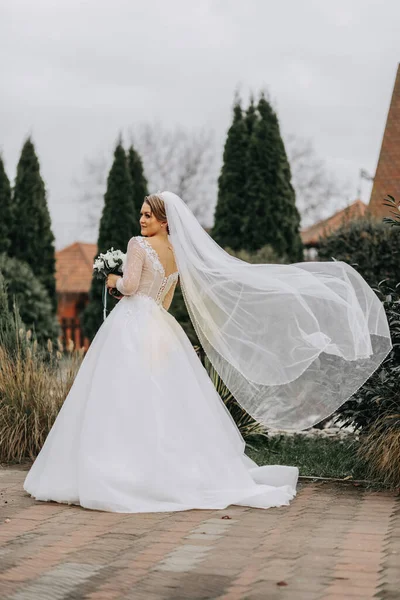 Retrato Uma Noiva Bonita Com Véu Voador Vestido Noiva Volumoso — Fotografia de Stock