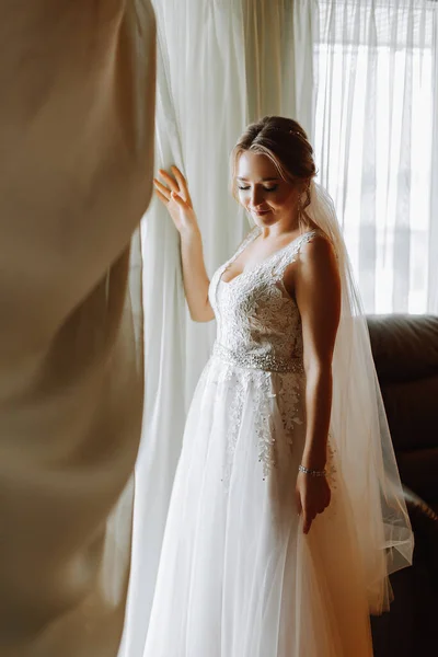 beautiful and gentle bride in a wedding dress in the morning posing near the window with natural light. Beautiful natural makeup. Wedding hairstyle. Morning of the bride.