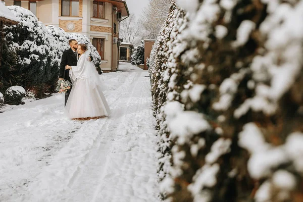 Sensitive portrait of happy newlyweds. The groom hugs and kisses the bride in the winter park. The bride in a wedding dress and poncho. The groom is dressed in a black coat. Wide angle. Free space