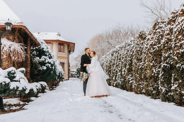 Sensitive portrait of happy newlyweds. The groom hugs and kisses the bride in the winter park. The bride in a wedding dress and poncho. The groom is dressed in a black coat. Wide angle. Free space