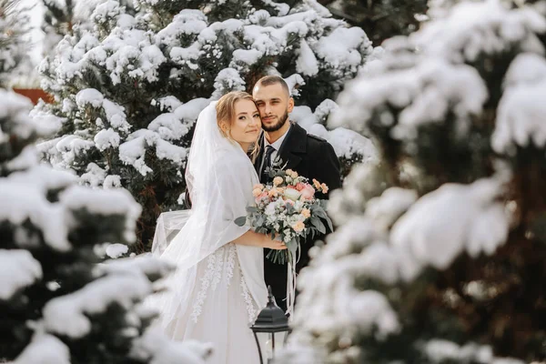 花嫁の肖像画と雪の木の間に成長する ウィンターパークで花嫁を抱きしめる ウェディングドレスとポンチョの花束で花を飾る グロムは黒いコートを着ています — ストック写真