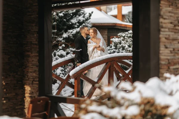 Ευτυχισμένη Νύφη Και Γαμπρός Αγκαλιάζονται Ανάμεσα Χιονισμένα Δέντρα Γαμπρός Και — Φωτογραφία Αρχείου