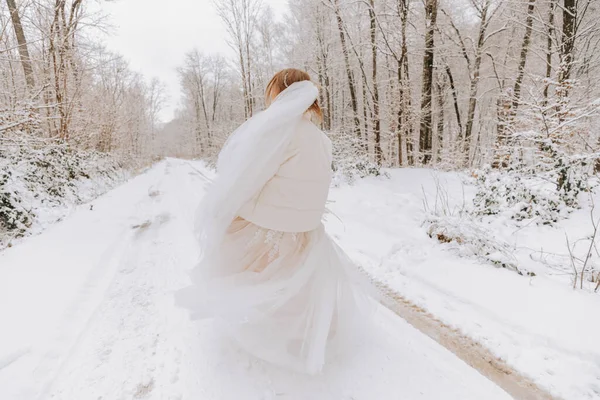 白い美しい花嫁が 素晴らしい雪の多い冬の森を歩いています 自然の中の花嫁の肖像画 冬の森で白いドレスで美しい花嫁 — ストック写真