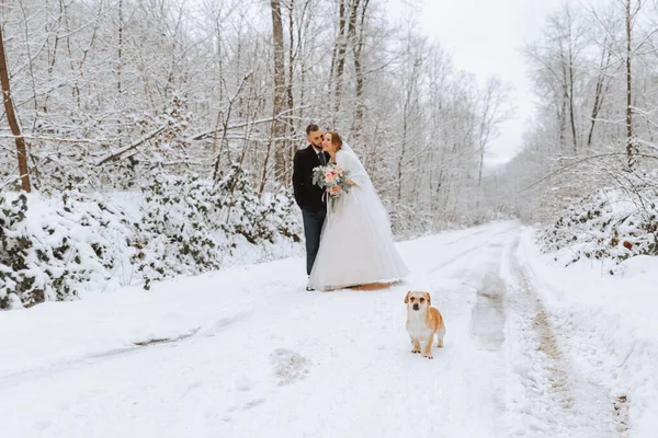 背景の冬の雪の森に立っている美しい結婚式のカップル 白いドレスの女性とミンク毛皮のコート 黒いコートのひげ付き男性 — ストック写真