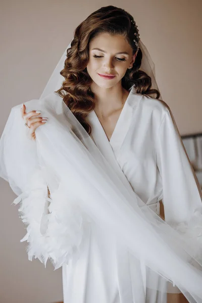 Beautiful Young Bride Long Curly Hair Fashionable White Robe Window — Stock Photo, Image