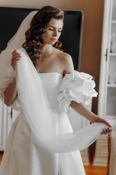 一个穿着华丽婚纱的漂亮新娘的画像 优雅的新娘 长长的卷发 穿着精致的白色婚纱 新娘的婚礼准备工作 长面纱 — 图库照片